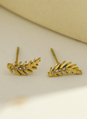 英国伦敦欧美轻奢叶子小巧精致微镶锆石耳钉18K镀金简约气质耳饰