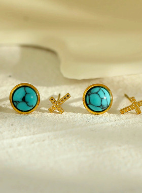 HACKNEY NINE英国伦敦轻奢欧美十字架绿松石2对耳钉18K镀金耳骨钉