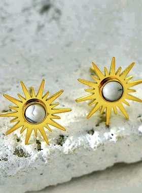 欧美风轻奢情侣天然石头太阳18K金耳钉欧美简约时尚独特耳洞云朵