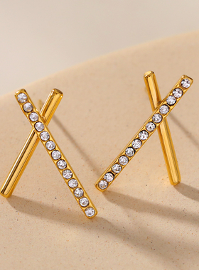 英国伦敦轻奢饰品HACKNEY NINE欧美X交叉个性镶嵌锆石耳钉18K镀金