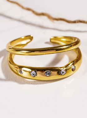 HACKNEY NINE英国伦敦轻奢饰品欧美简约百搭镶钻双环18K镀金戒指