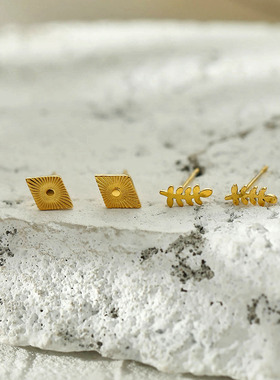 欧美美轻奢迷你小巧独特个性2对几何菱形小叶子耳钉18K镀金耳骨钉