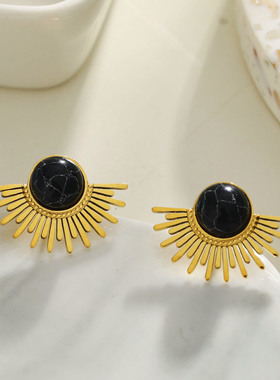 HACKNEY NINE英国伦敦轻奢饰品黑松石太阳复古宫廷耳钉18K镀金