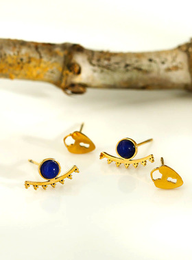 欧美美轻奢迷你小巧蓝色石独特个性2对眼睛耳钉18K镀金