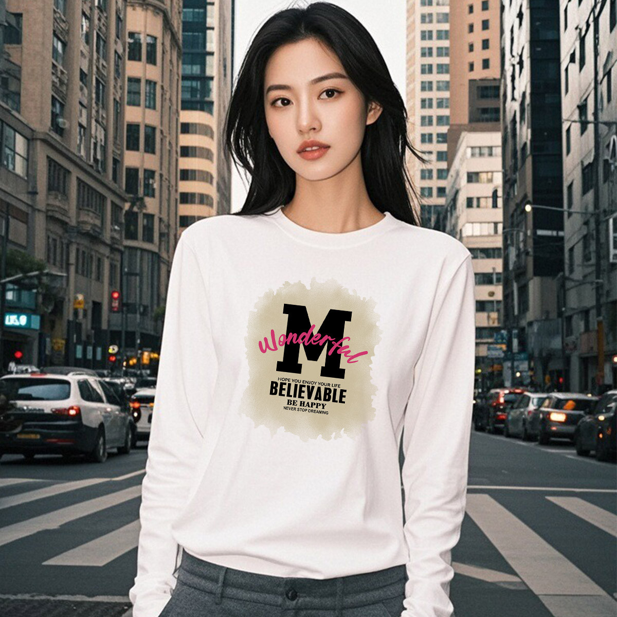 纯棉长袖t恤女秋季穿搭显瘦亲肤舒适合身正肩长袖上衣体恤打底衫X