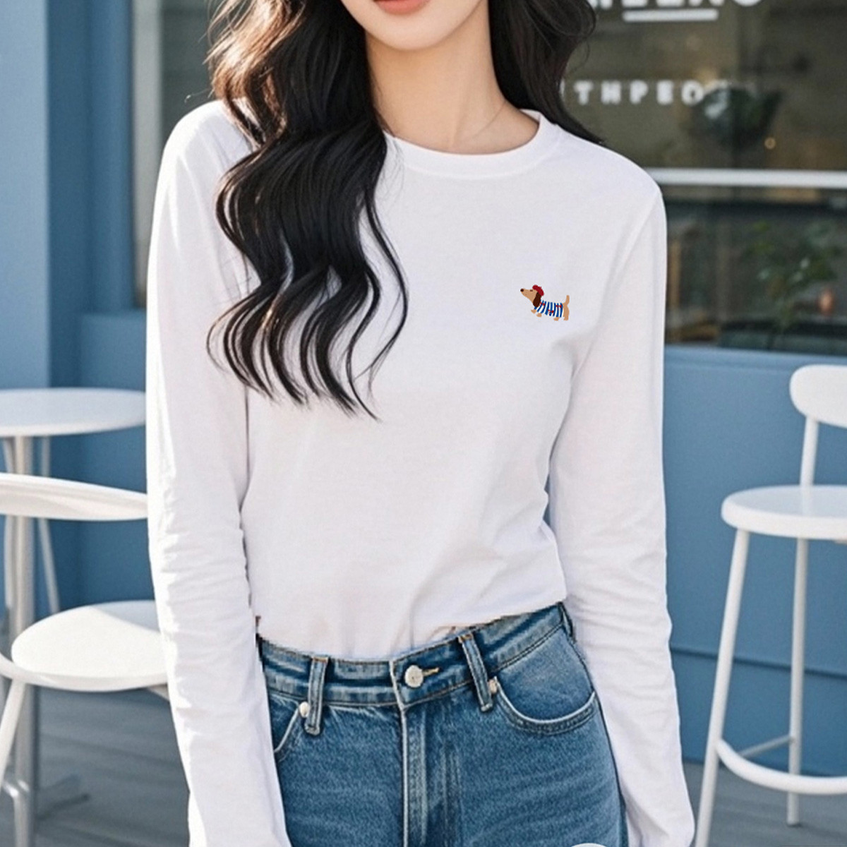 纯棉正肩长袖t恤女春秋季宽松内搭打底衫大码百搭体恤早秋上衣X