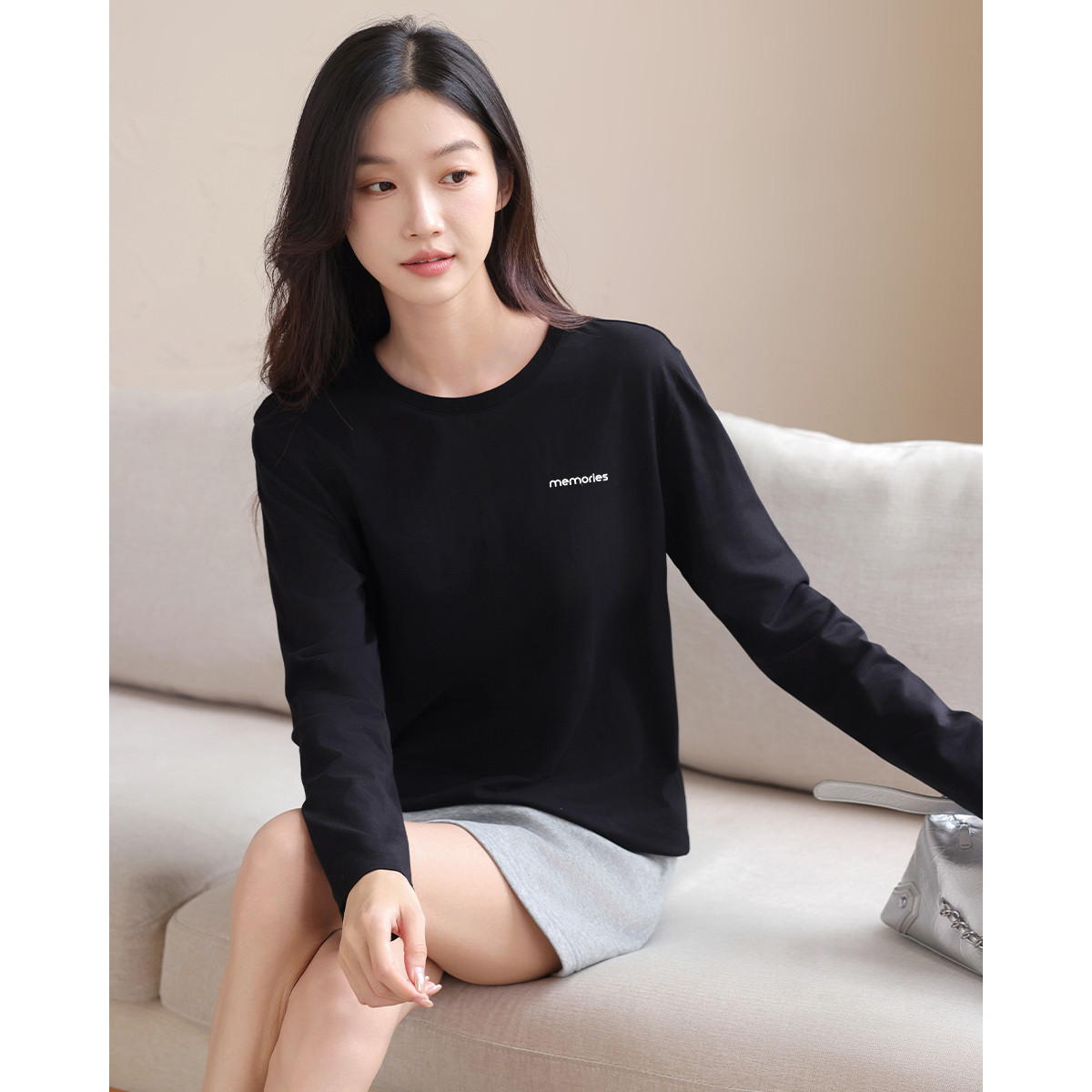 纯棉长袖t恤女秋季穿搭显瘦亲肤舒适合身正肩长袖上衣体恤打底衫X