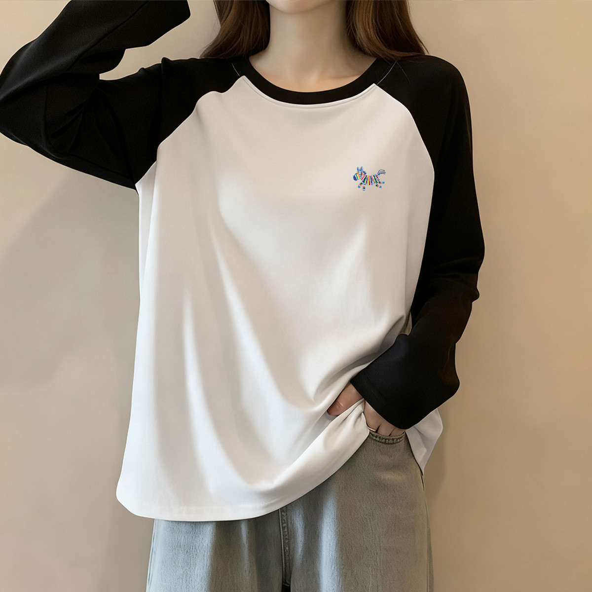 纯棉长袖t恤女款春秋季撞色插肩袖内搭打底衫合身日常休闲上衣X