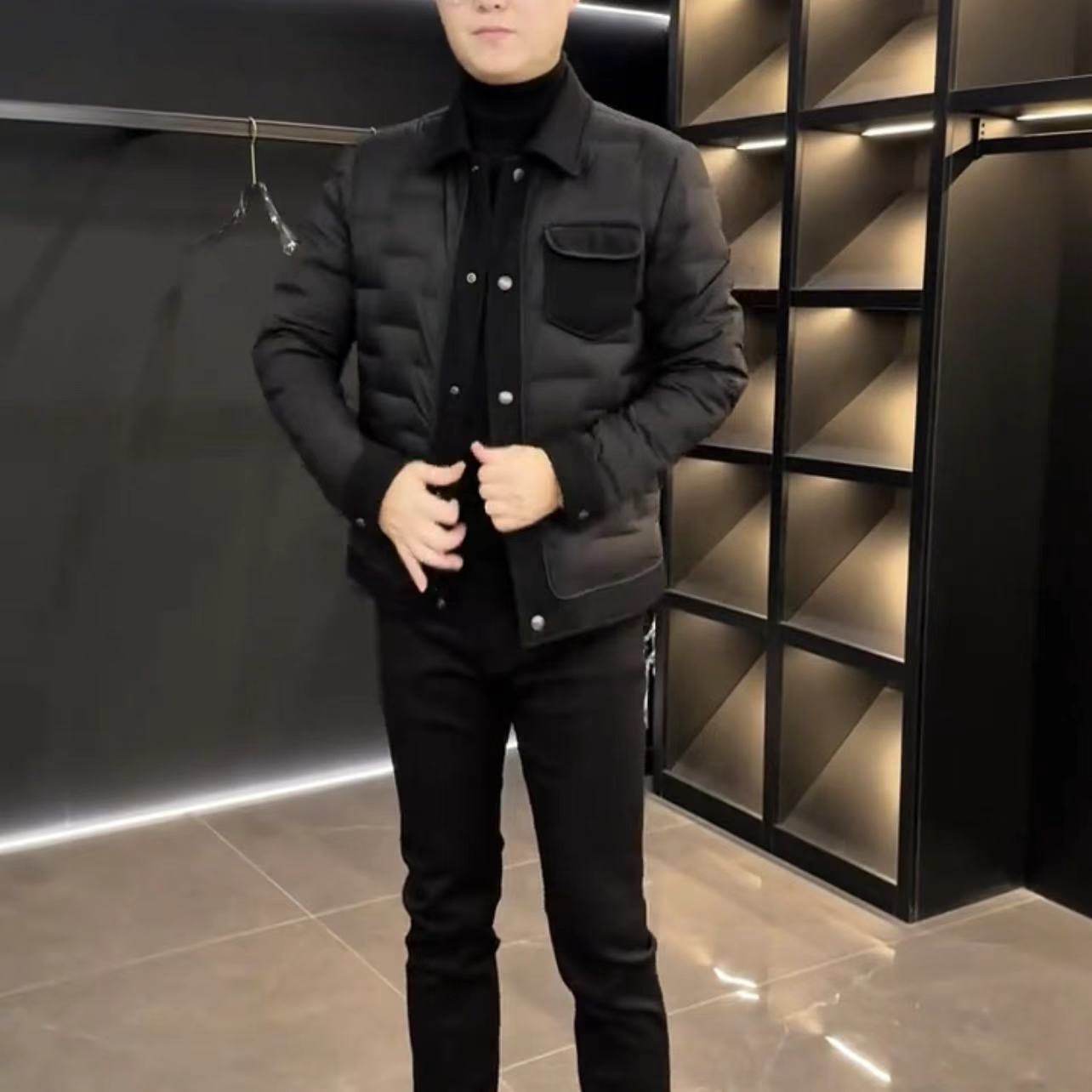 男士秋冬款时尚潮流洋气休闲修身黑色商务欧货翻领羽绒服极简百搭