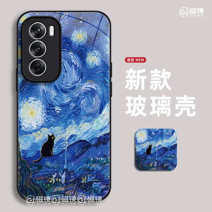 适用OPPOfindx8手机壳reno14pro新款一1加13星空猫咪K12玻璃真我硅胶GT7/6油画ACE5硬K10男A1女a57/a32保护套