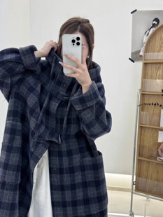 2025秋冬新款东大门韩系复古时尚休闲格纹加厚连帽长款大衣外套女