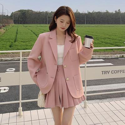 实拍粉色百褶裙西装套装女春季2025新款小个子连衣裙学院风两件套