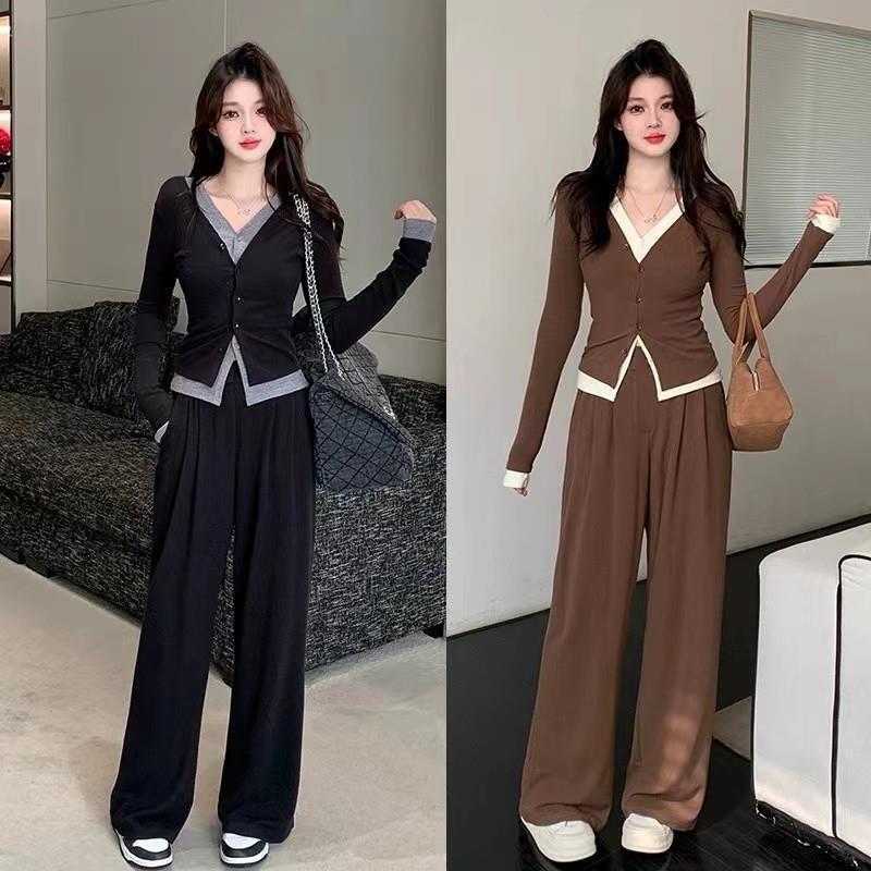 大码休闲慵懒风套装女秋季假两件开衫上衣胖MM高腰阔腿裤子两件套
