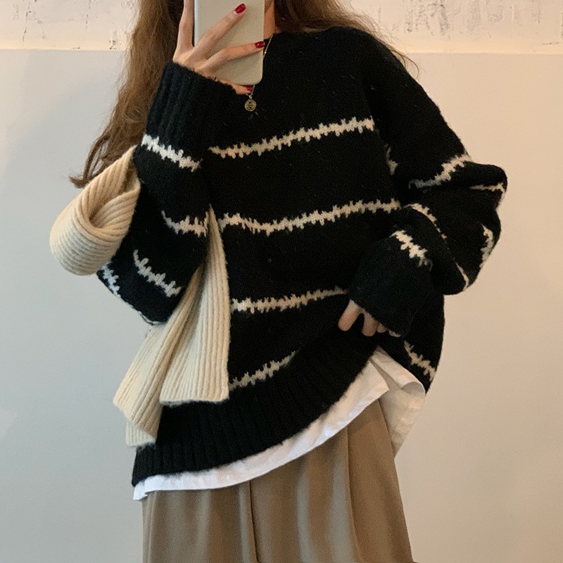 黑白条纹套头毛衣女秋冬季韩版宽松慵懒风复古长袖针织衫上衣外穿