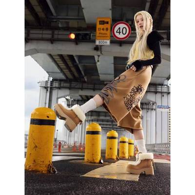 宋雨琦同款厚底毛毛系带短靴女款2025季新款休闲百搭保暖加绒棉鞋