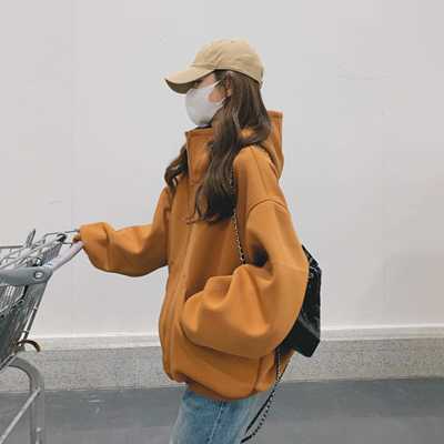 美式覆古南瓜色连帽运动衫女春秋2025新款慵懒风oversize开 衫短