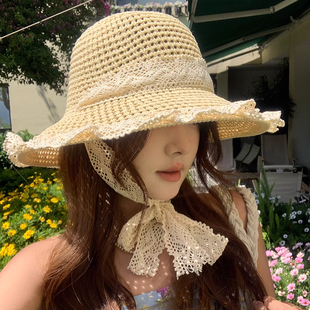 夏季 遮陽帽海邊度假沙灘大檐草編飄帶太陽草帽 防曬帽子女2025新款