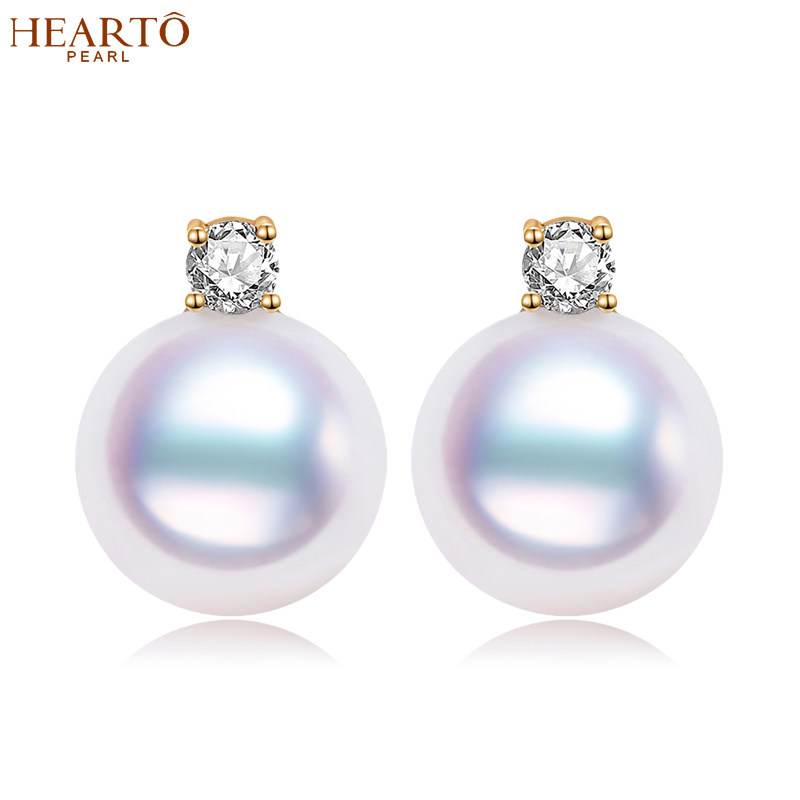 海瞳akoya珍珠耳钉女气质王妃款18k金钻石日本阿古屋海水耳饰正圆