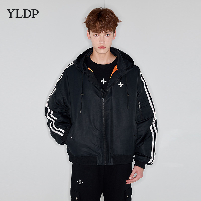 YLDP美式街头复古织带撞色连帽飞行员廓形夹克外套