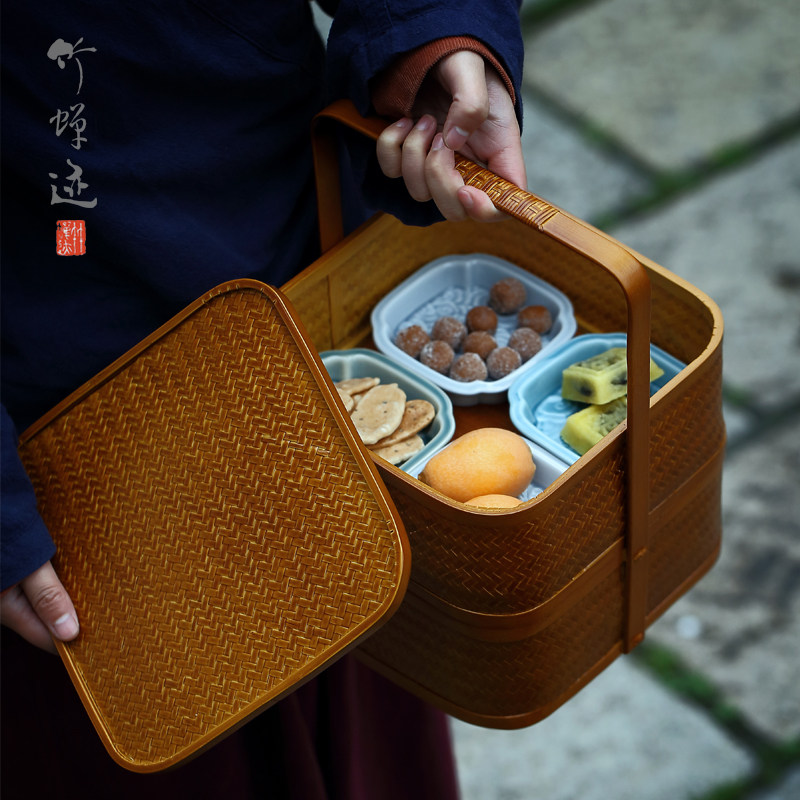 点心盘提盒中式篮子食盒覆古竹编甜品台结婚礼盒糕点甜品盘下午茶