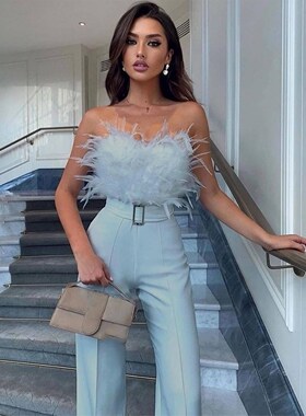 性感生日派对羽毛露肩拼接连体裤 sexy party Strapless Jumpsui