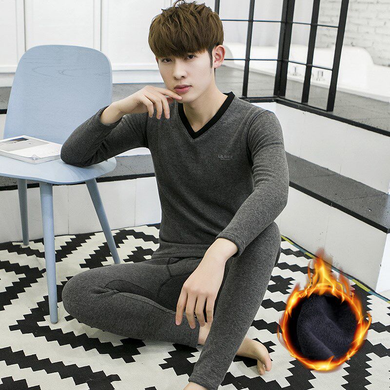 男士V领保暖内衣套装加厚加绒青年修身厚款鸡心领防寒保暧2019冬