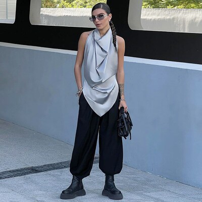 Women's Turtleneck Halter T-Shirt Top女装高领系带背心T恤上衣