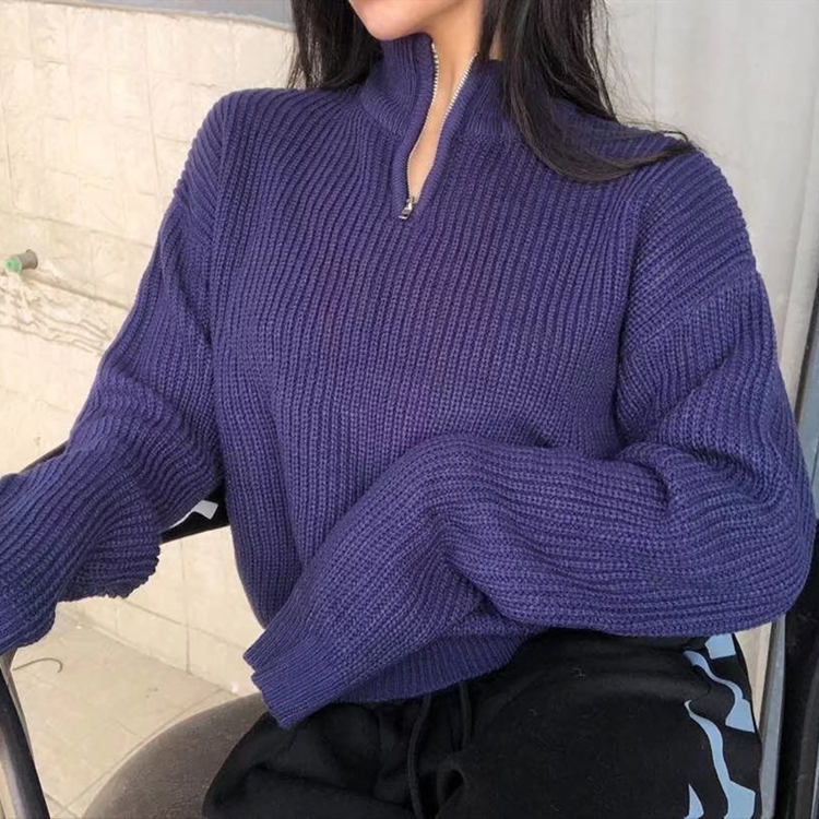 藏青色半拉链高领针织衫女秋冬宽松显瘦慵懒风外穿长袖毛衣外套潮