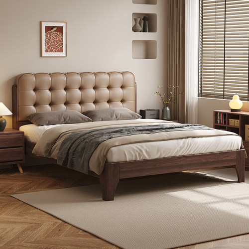 政府补贴实木床轻奢中古风橡木软包床1.8m双人床家用卧室1.5m大床