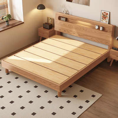 政府补贴全实木床现代简约双人床1.5米床橡木原木色1.2米单人床架