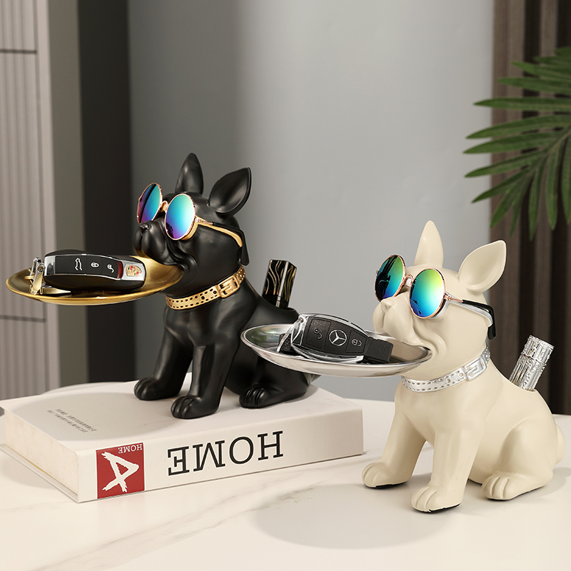创意笔筒法斗犬玄关钥匙收纳狗摆件客厅电视柜乔迁托盘装饰品礼物