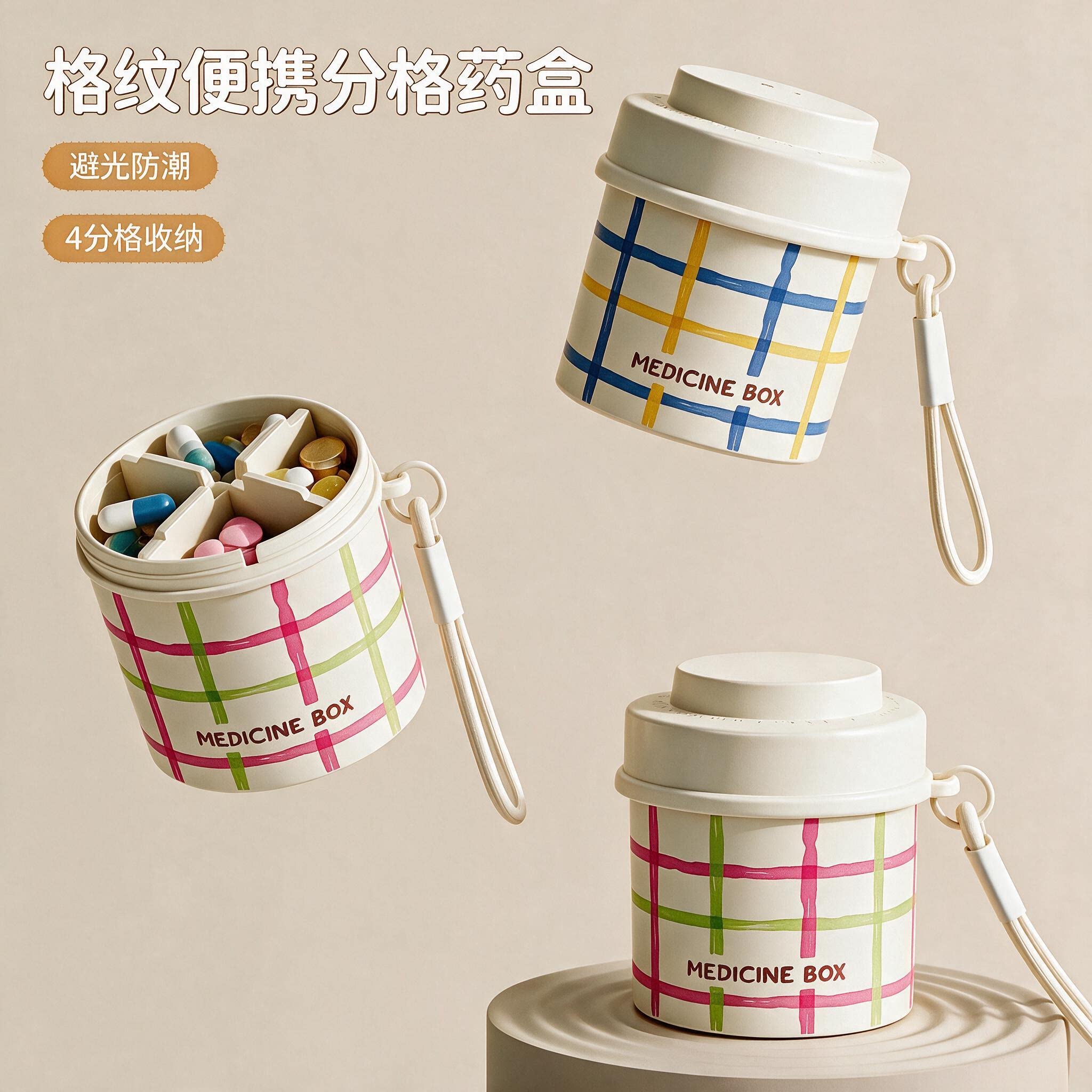 药品分装盒格纹便携式4分格药盒避光随身药丸药片收纳迷你分药器