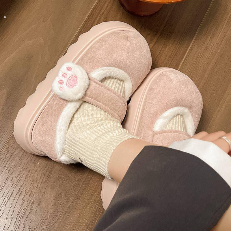 可爱猫爪魔术贴棉鞋冬加绒厚底单鞋少女心保暖圆头豆豆鞋棉拖鞋