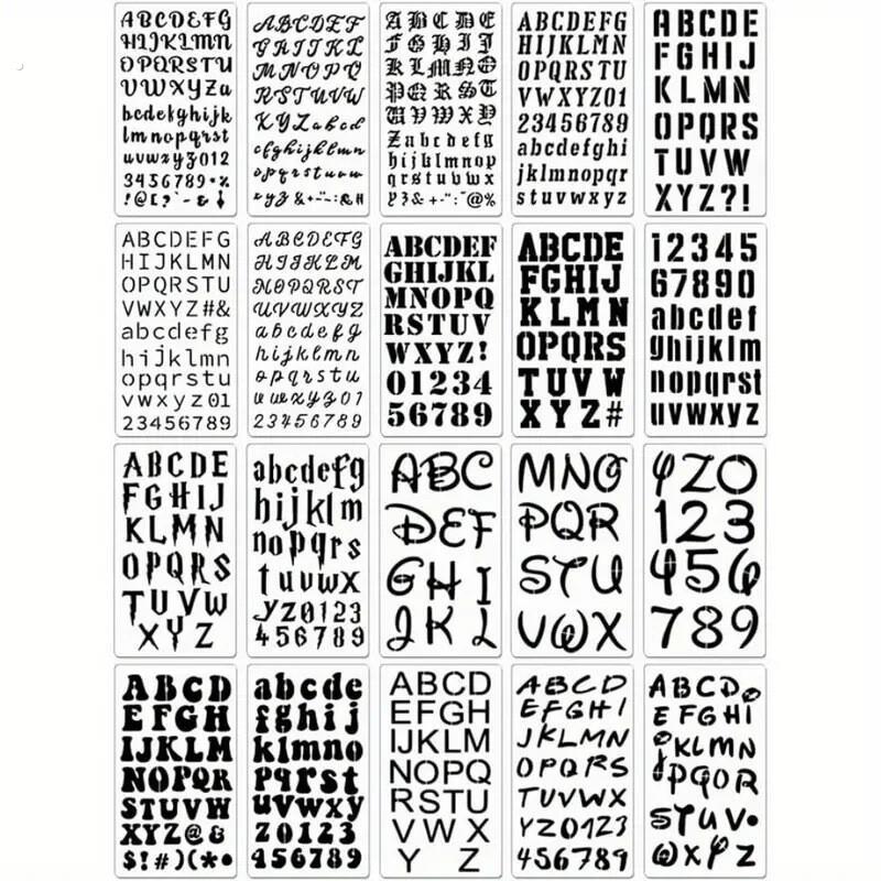 跨境新款20张艺术字母模板手账艺术字母数字主题可重复使用绘画模
