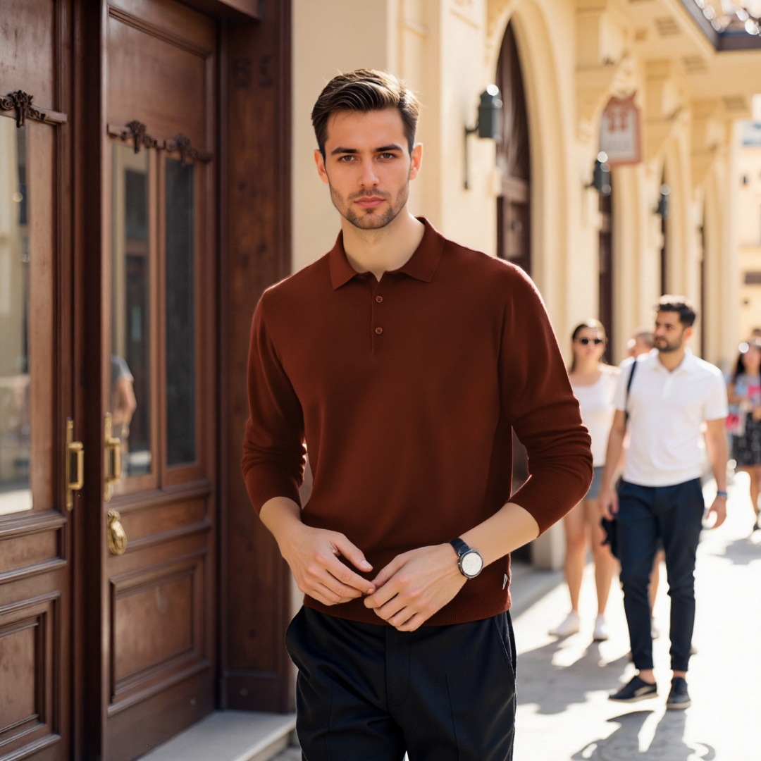 日本品质新款男士翻领polo针织衫商务时尚秋冬中年男装长袖纯色打