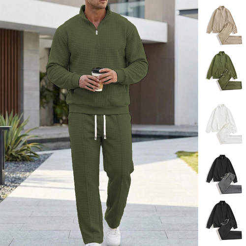 跨境秋冬华夫格格长袖卫衣男简约休闲宽松立领半拉链套头卫衣长裤