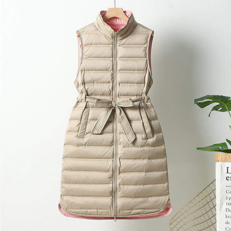 羽绒服马甲女中长款轻薄立领收腰无缝压胶白鸭绒撞色背心潮涤纶
