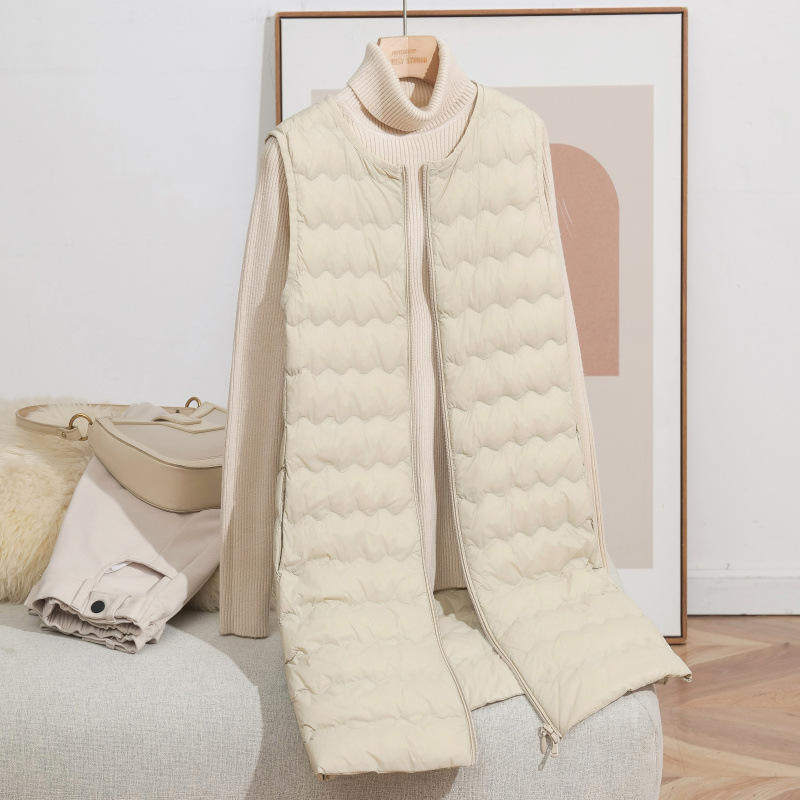 新款秋冬时尚圆领轻薄波浪羽绒服马甲女中长款背心内胆外套潮