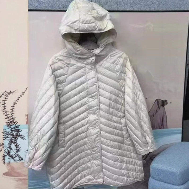 秋冬宽松连帽羽绒服女中长款文艺开衫白鸭绒保暖轻薄外套50%