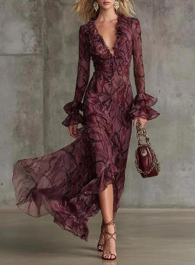 2025欧美 亚马逊 独立站ins喇叭袖系绳V领礼服长袖连衣裙长裙高腰