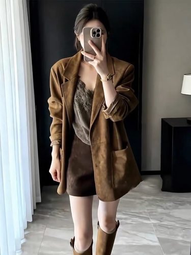 麂皮西装外套女2025秋冬新款美拉德色高级感御姐时尚西装短裙套装