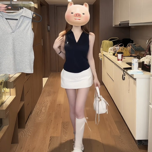 无袖polo背心包臀a字短裙裤套装