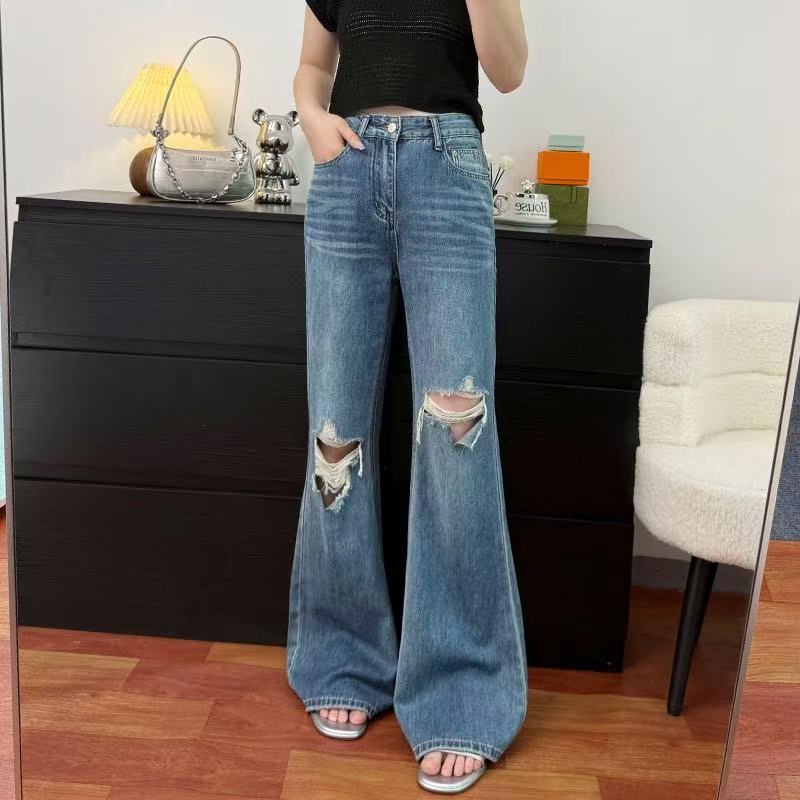 水洗复古破洞直筒微喇牛仔裤女2025夏季喇叭裤高腰薄款阔腿拖地裤