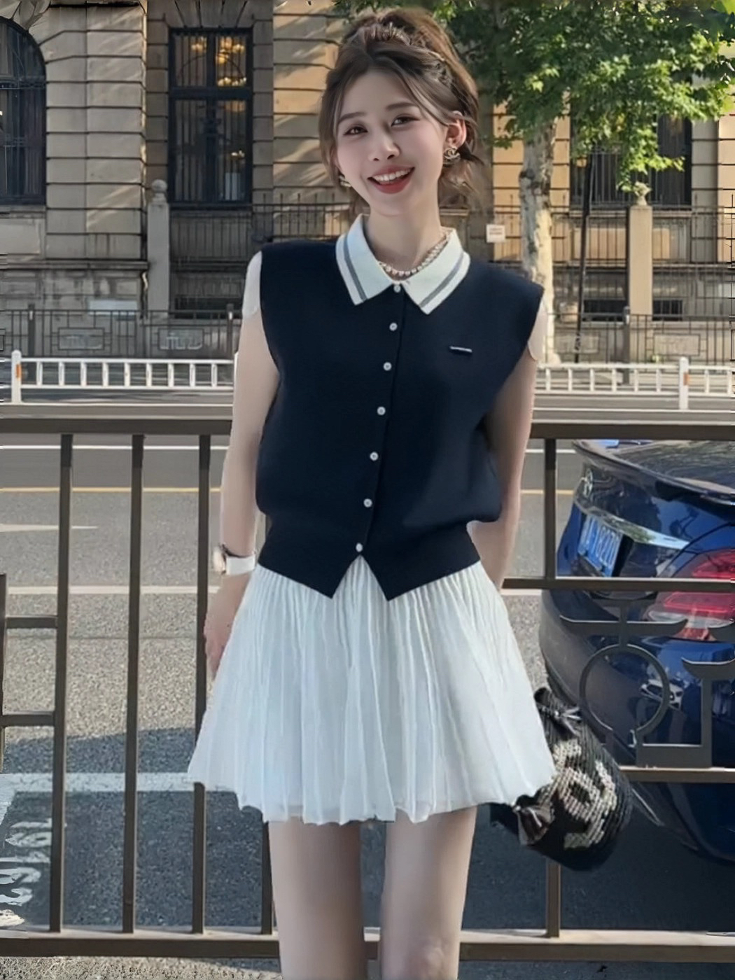 学院风甜美减龄Polo领无袖背心上衣半身裙两件套女夏季爆款两件套
