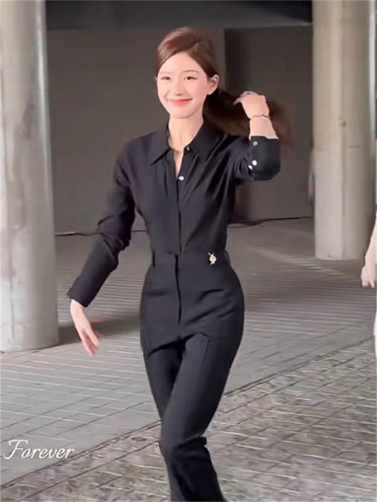 明星同款许妍赵露思同款黑色正肩衬衫女气质通勤高级感黑色长裤子