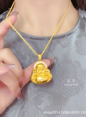 金店同款古法金点钻大肚佛项链弥勒佛吊坠