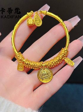 古法沙金吉言錾刻黄财神平安喜乐盘缠手镯称心如意新中式盘缠手链