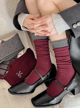 春秋上新 中长筒袜子女安可拉红爱心蝴蝶结堆堆日系气质灰女袜ins