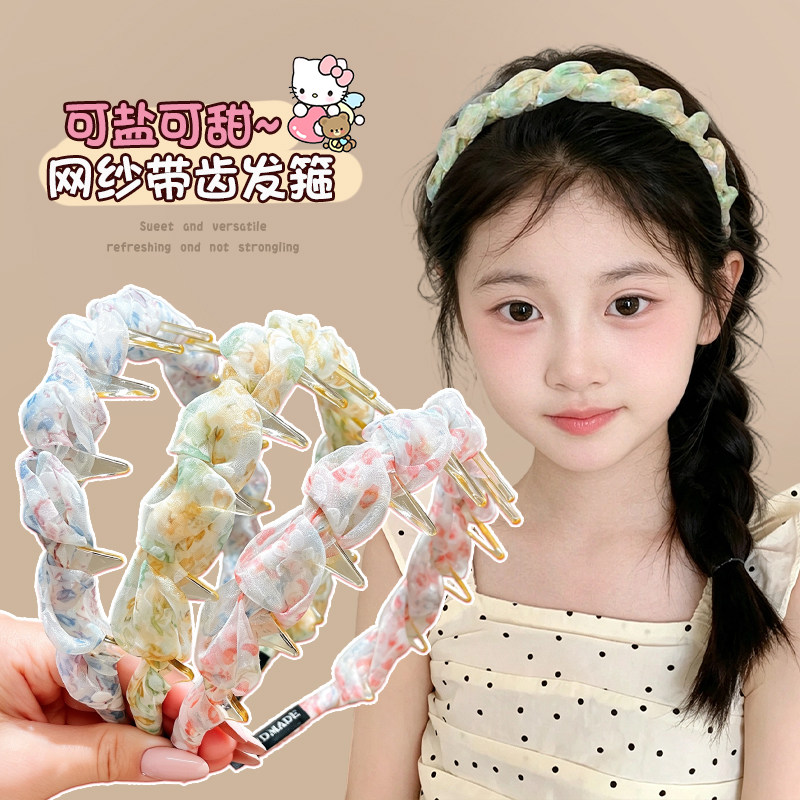 碎花网纱儿童发箍带齿不易滑落图片
