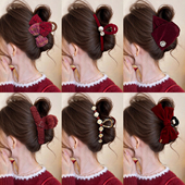 红色毛绒抓夹女高级感大号发量大发夹后脑勺鲨鱼夹子冬季 新年头饰